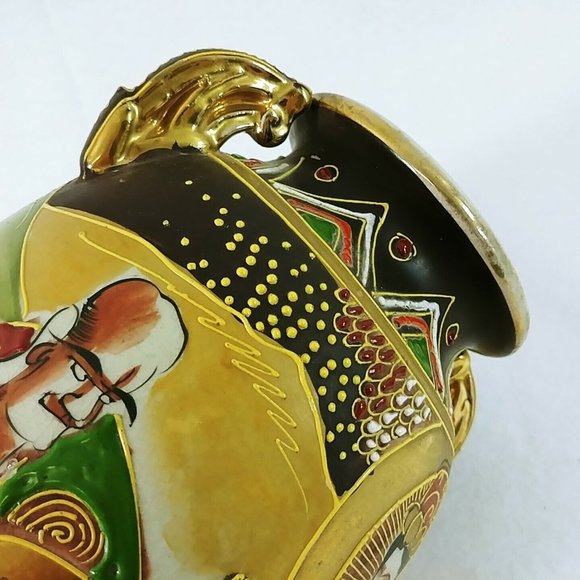 Satsuma Japanese Vase Enamel Moriage Details Gold Immortals 12" Handles - Picture 8 of 9